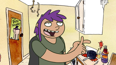 Purple-haired, Ewwglena, is in a grimy kitchen while she shares her plan for a sick-ass party.