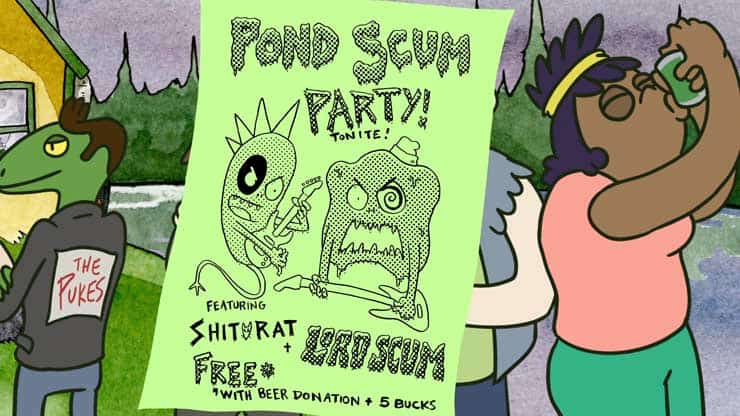 A poster for a Pond Scum party featuring Shit Rat and Lord Scum! Free with beer donation and five bucks!