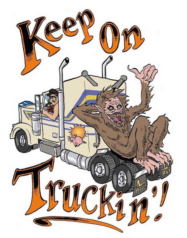 A sasquatch-looking wolfman dude gives a thumbs up from the back of Ol' Jack Burton's truck.