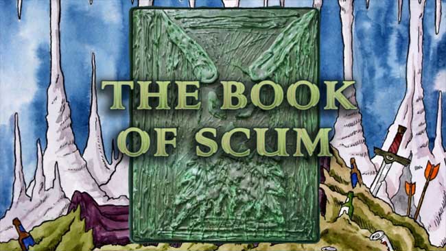 The Book of Scum is presented in a dank cave.