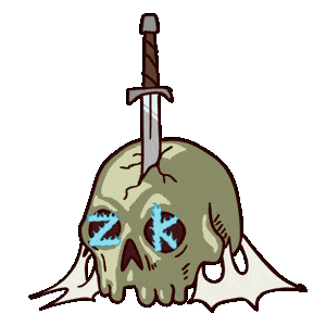 A skull with a dagger protruding from the top. The letters "Z" and "K" glow in blue from the eye sockets.