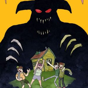 The silhouette of a horned demon looms over four friends partying out in front of their house.