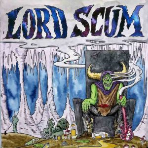 Lord Scum sits upon cracked throne, bong in hand. Smoke billows from his green demon face and encircles his large horns, filling the catacombs above.